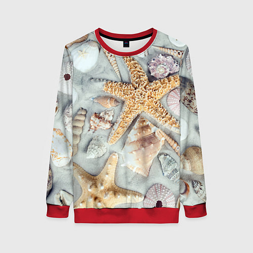 Женский свитшот Морские звёзды и ракушки на океанском песке / 3D-Красный – фото 1