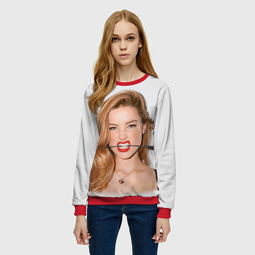 Женский свитшот Эмбер Хёрд с розой / 3D-Красный – фото 3