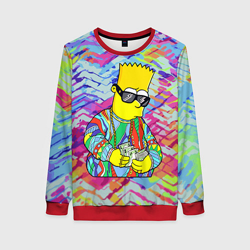 Женский свитшот Барт Симпсон в тёмных очках считает бабло / 3D-Красный – фото 1