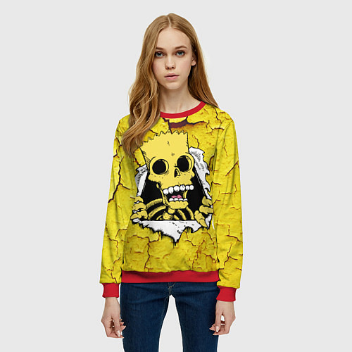 Женский свитшот Скелет Барта Симпсона разрывает штукатурку стены / 3D-Красный – фото 3