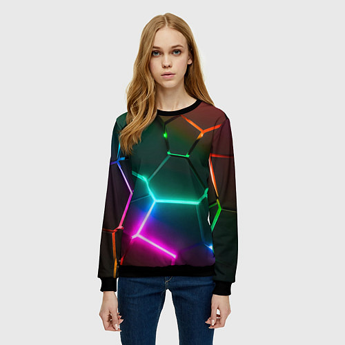 Женский свитшот Радужный градиент неоновые геометрические плиты / 3D-Черный – фото 3
