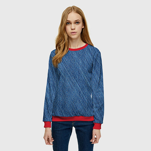 Женский свитшот Деним - джинсовая ткань текстура / 3D-Красный – фото 3