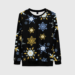 Свитшот женский Новый год снежинки на чёрном фоне, цвет: 3D-черный