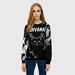 Свитшот женский Группа Nirvana и рок кот, цвет: 3D-черный — фото 2