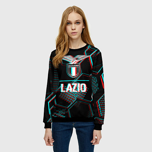 Женский свитшот Lazio FC в стиле glitch на темном фоне / 3D-Черный – фото 3