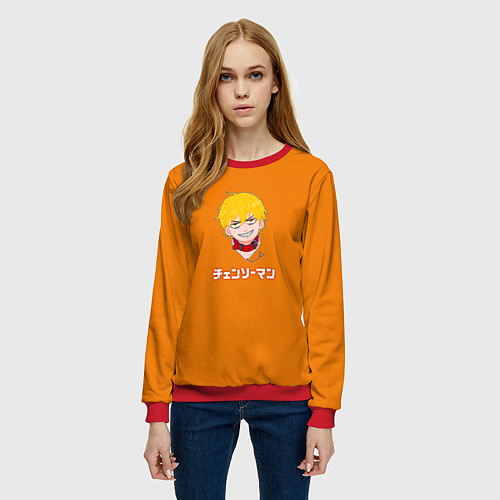 Женский свитшот Человек-бензопила Дэндзи на оранжевом фоне / 3D-Красный – фото 3
