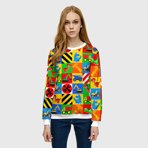 Женский свитшот Машинки и динозаврики в кубиках / 3D-Белый – фото 3