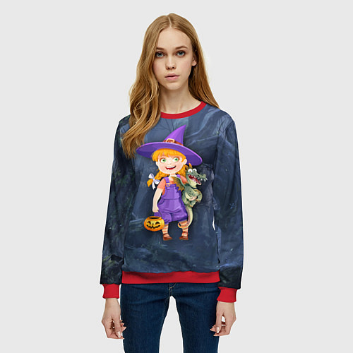 Женский свитшот Ведьма малолетка в тёмном лесу с дракончиком / 3D-Красный – фото 3