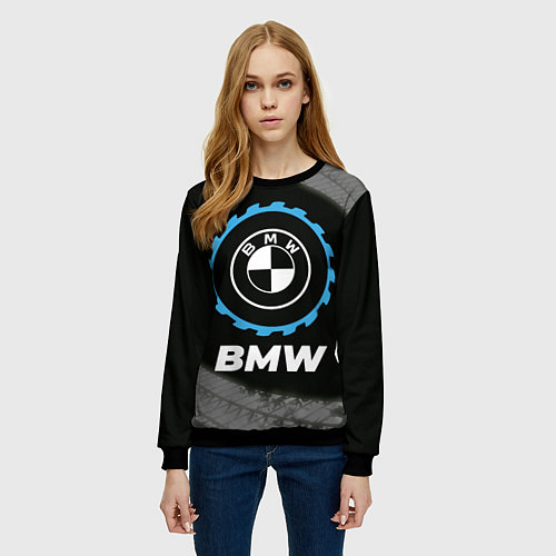 Женский свитшот BMW в стиле Top Gear со следами шин на фоне / 3D-Черный – фото 3
