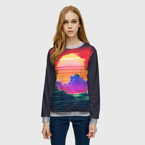 Женский свитшот Синтвейв неоновые горы на закате / 3D-Меланж – фото 3