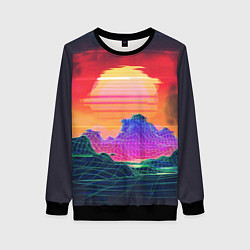Свитшот женский Синтвейв неоновые горы на закате, цвет: 3D-черный