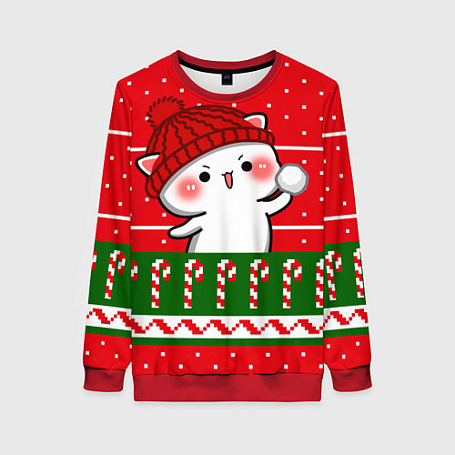 Женский свитшот Белый котик - игра в снежки / 3D-Красный – фото 1