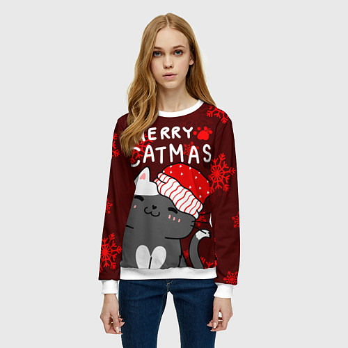 Женский свитшот Новогодние снежинк и котик в шапочке / 3D-Белый – фото 3