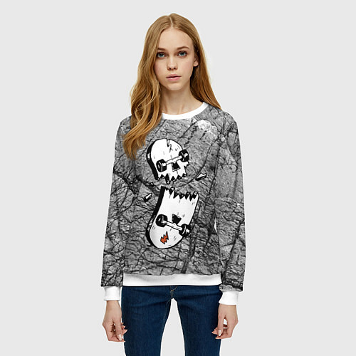 Женский свитшот Расколотый скейтборд - иллюзия черепа / 3D-Белый – фото 3