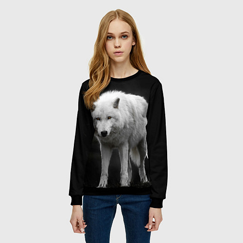 Женский свитшот Белый волк на темном фоне / 3D-Черный – фото 3