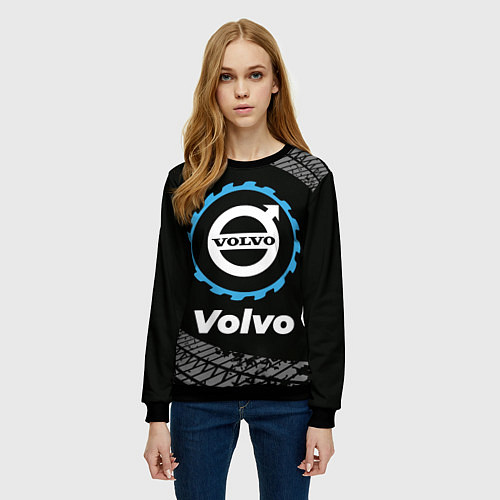 Женский свитшот Volvo в стиле Top Gear со следами шин на фоне / 3D-Черный – фото 3