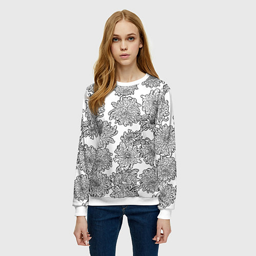 Женский свитшот Цветы хризантемы: линейный рисунок / 3D-Белый – фото 3