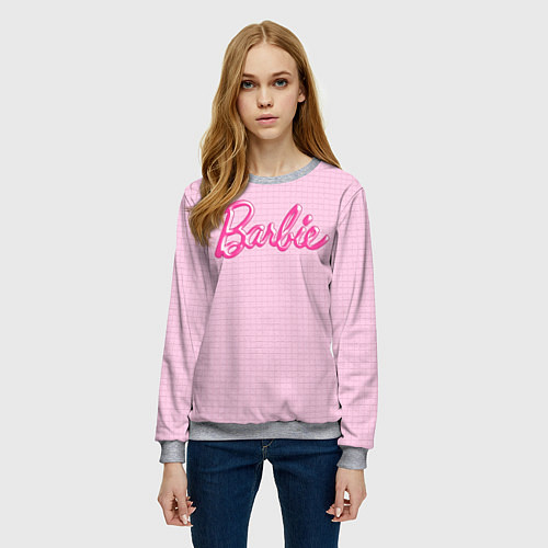 Женский свитшот Барби - логотип на клетчатом фоне / 3D-Меланж – фото 3