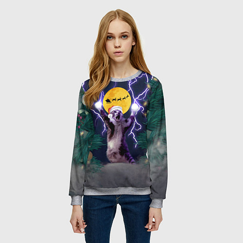 Женский свитшот Новогодний кот с молниями / 3D-Меланж – фото 3