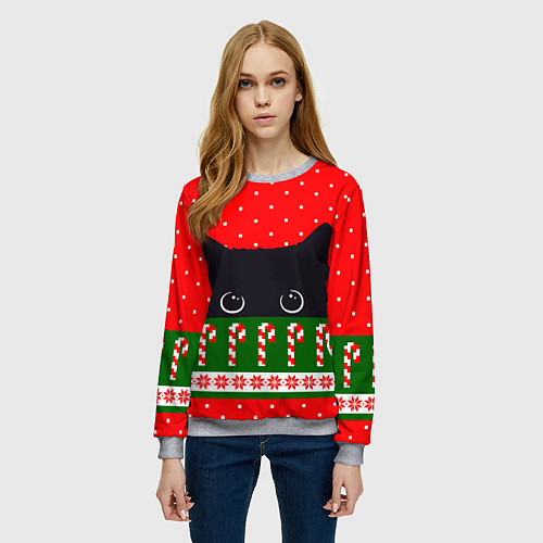 Женский свитшот Котик: новогодний свитер / 3D-Меланж – фото 3