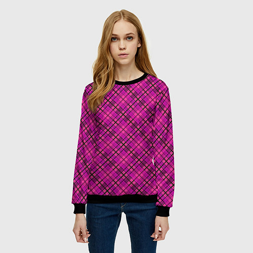 Женский свитшот Малиново розовый узор в клетку / 3D-Черный – фото 3