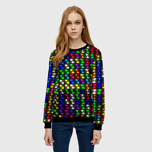 Женский свитшот Разноцветные неоновые квадраты / 3D-Черный – фото 3