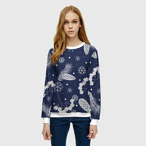 Женский свитшот Зимние ягоды и шишки на синем фоне / 3D-Белый – фото 3