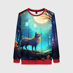 Женский свитшот Волк в ночном лесу в folk art стиле