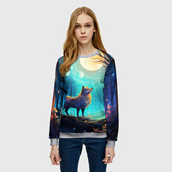 Свитшот женский Волк в ночном лесу в folk art стиле, цвет: 3D-меланж — фото 2