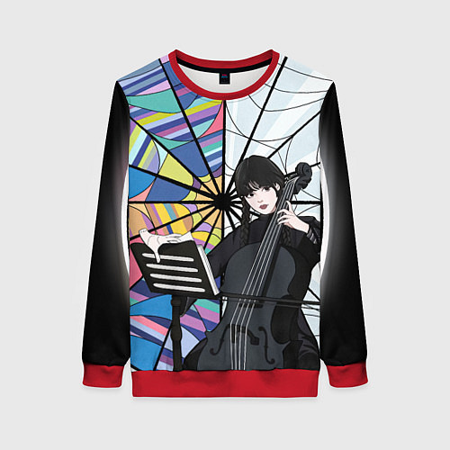 Женский свитшот Уэнсдэй играет на виолончели на фоне окна / 3D-Красный – фото 1