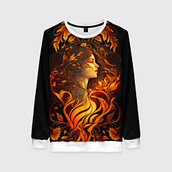 Свитшот женский Девушка в стиле ар-нуво с огнем и осенними листьям, цвет: 3D-белый