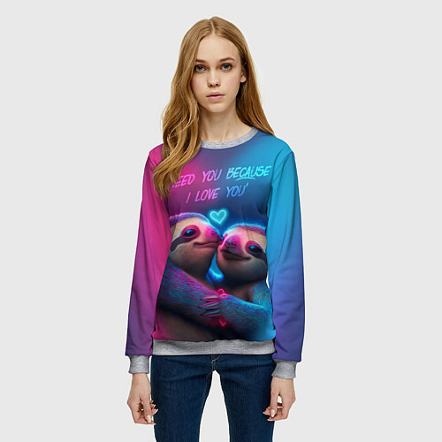 Женский свитшот Влюбленные ленивцы обнимаются на фоне неонового се / 3D-Меланж – фото 3