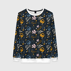Свитшот женский Растительный паттерн с котиками, цвет: 3D-белый