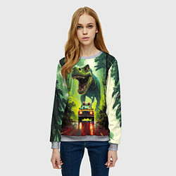 Свитшот женский Динозавр в погоне за машиной в джунглях, цвет: 3D-меланж — фото 2