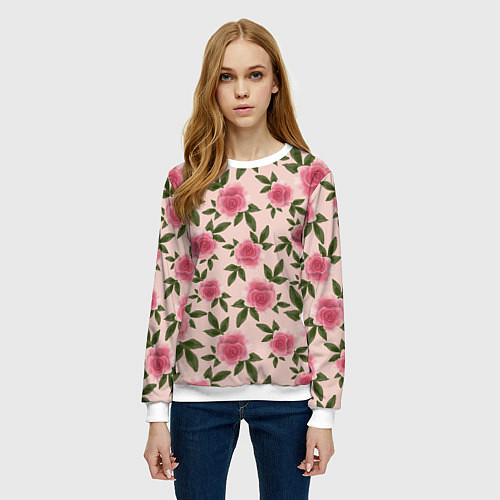 Женский свитшот Акварельные розы на бежевом - паттерн / 3D-Белый – фото 3