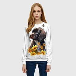 Свитшот женский Черный щенок и жёлтые полевые цветы, цвет: 3D-белый — фото 2