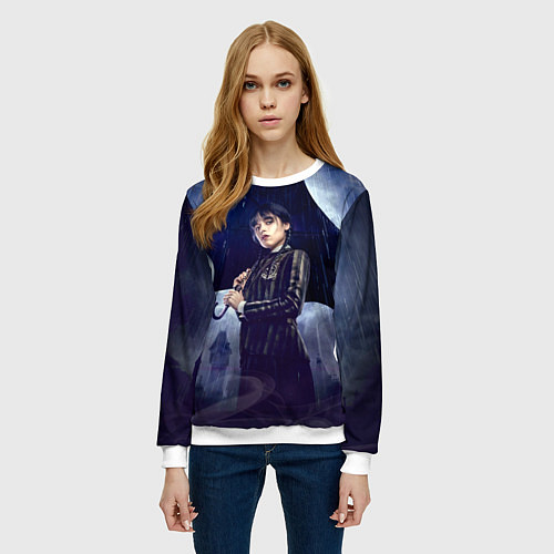 Женский свитшот Уэнсдей Аддамс с зонтом / 3D-Белый – фото 3