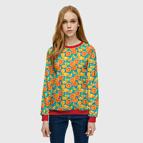 Женский свитшот Дольки апельсина на синем фоне / 3D-Красный – фото 3