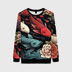 Свитшот женский Узор с японскими карпами кои, цвет: 3D-черный