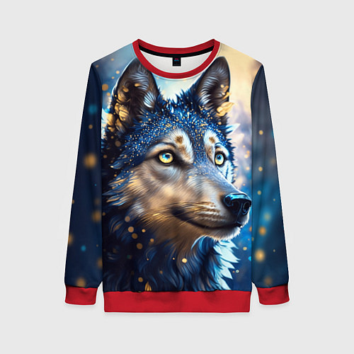 Женский свитшот Волк на синем фоне / 3D-Красный – фото 1