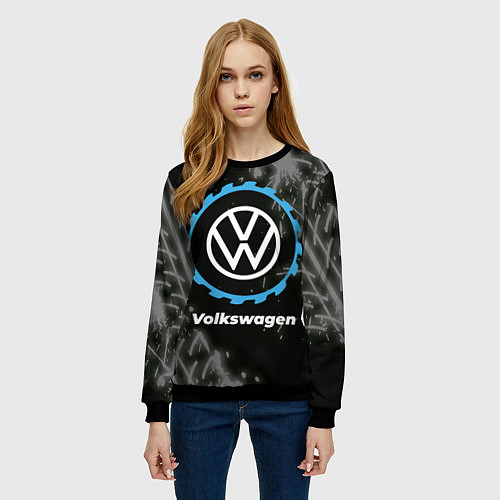 Женский свитшот Volkswagen в стиле Top Gear со следами шин на фоне / 3D-Черный – фото 3