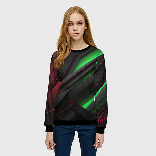 Женский свитшот Объемная текстура с зеленым свечением / 3D-Черный – фото 3