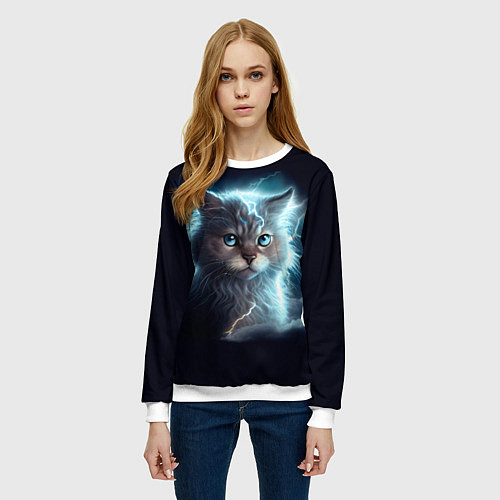 Женский свитшот Котик с молниями / 3D-Белый – фото 3