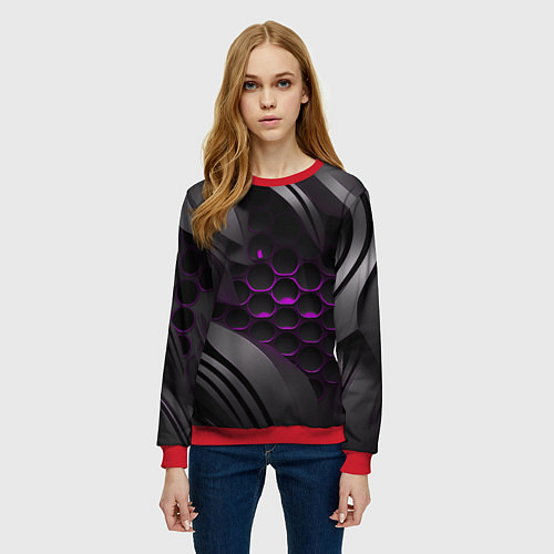 Женский свитшот Черные объекты с фиолетовой сеткой / 3D-Красный – фото 3