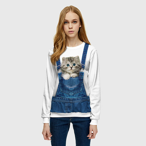 Женский свитшот Котенок в кармане комбинезона / 3D-Белый – фото 3