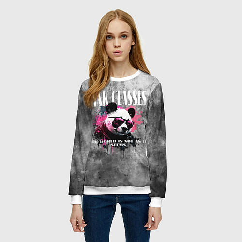Женский свитшот Панда в розовых очках на сером фоне / 3D-Белый – фото 3