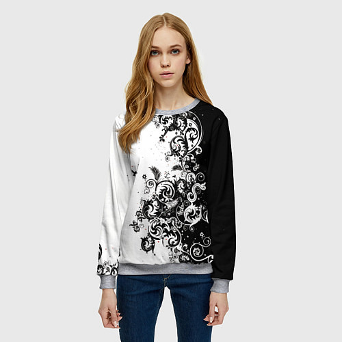 Женский свитшот Черно-белая птица среди узорчатых цветов / 3D-Меланж – фото 3