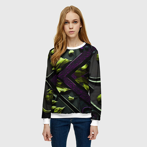 Женский свитшот Зеленые листья и фиолетовые вставки / 3D-Белый – фото 3