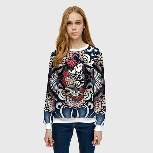 Женский свитшот Irezumi style: девушка и синие узоры / 3D-Белый – фото 3