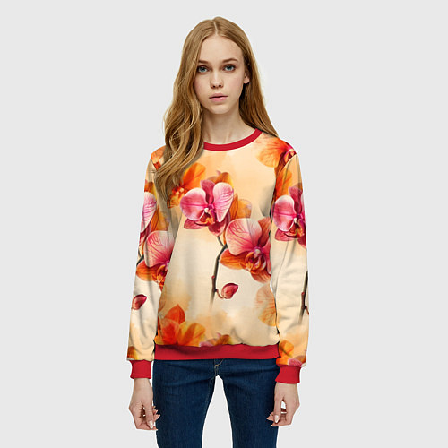 Женский свитшот Акварельные цветы - персиковый паттерн / 3D-Красный – фото 3